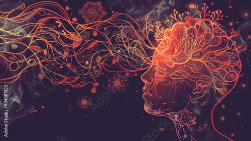 Vibrant Digital Art of Woman with Neon Mind Streams. Mental Health concept illustration. photo