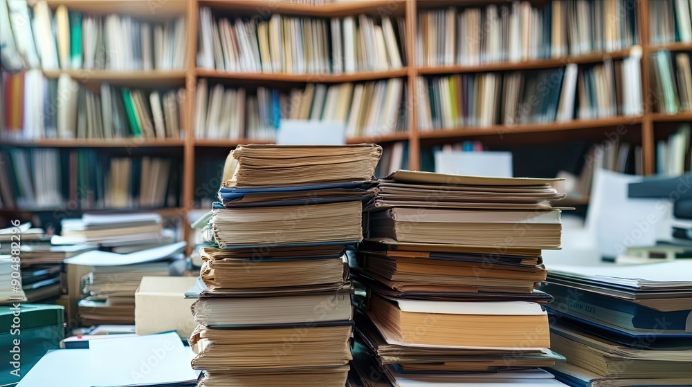 Stack of Books on a Table with a Bookcase in the Background Stack of Books on a Table with a Bookcase in the Background