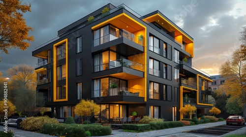 Modern low-rise house in yellow and black photo