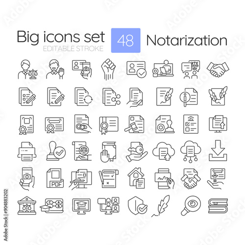 Notarization linear icons set. Document authenticity. Documentation processing, signing. Person verification. Customizable thin line symbols. Isolated vector outline illustrations. Editable stroke