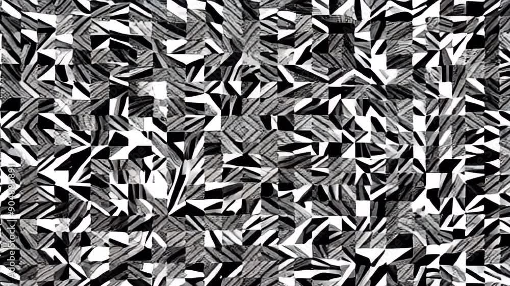 An abstract video frame showcasing a chaotic collage of black and white patterns and textures, emphasizing visual complexity and creativity
