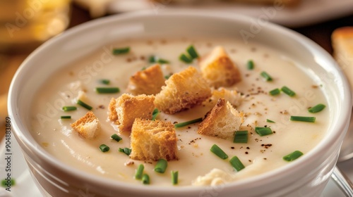 Creamy Potato Soup with Croutons and Chives Close-up