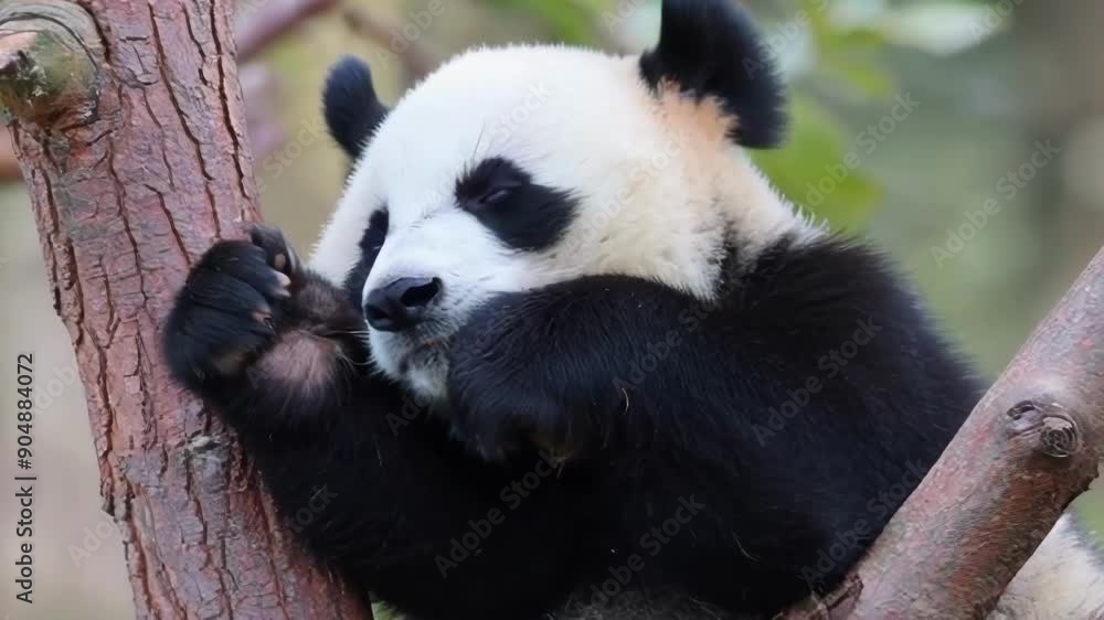A close up of a resting panda in a tree, showcasing its peaceful demeanor and natural habitat through vibrant cinematography A close up of a resting panda in a tree, showcasing its peaceful demeanor and natural habitat through vibrant cinematography