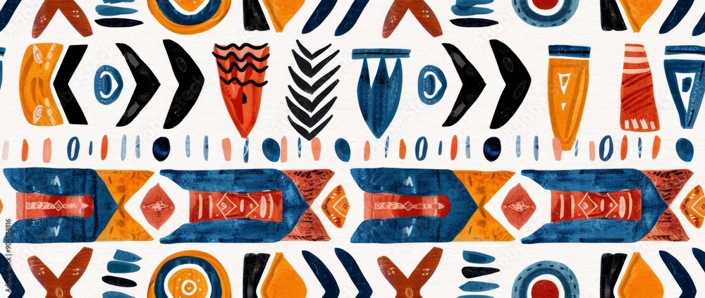 The seamless pattern features tribal patterns displayed in bold contrasting colors and a watercolor style. The seamless pattern features tribal patterns displayed in bold contrasting colors and a watercolor style.