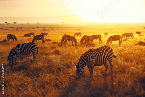 Savannah with a herd of zebras grazing
