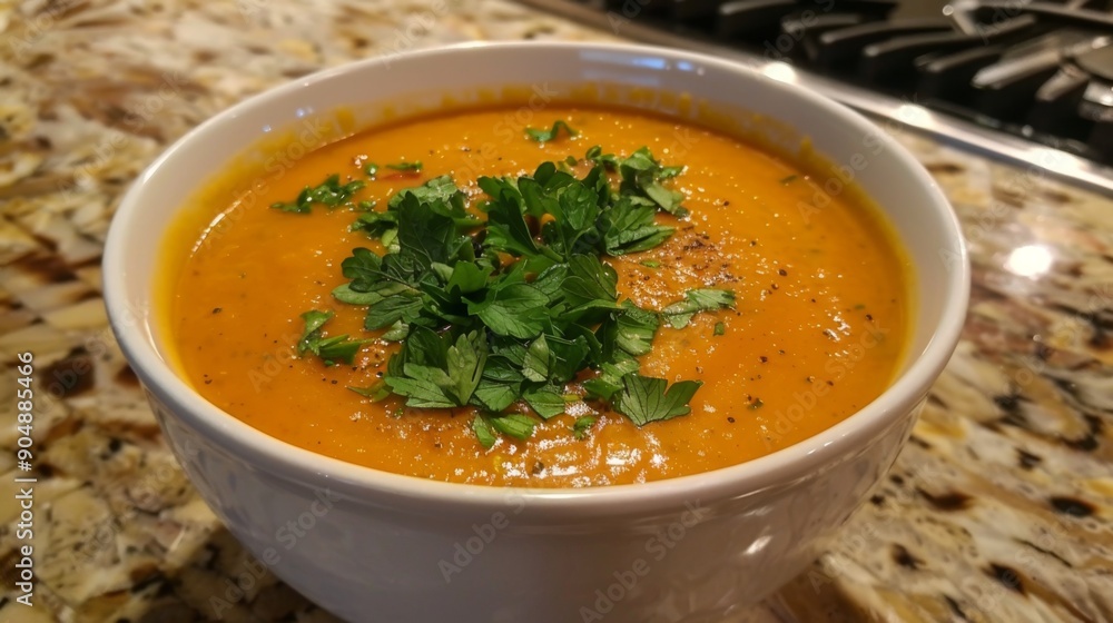 Savory Tomato Soup Garnished with Fresh Parsley in a White Bowl. Ginger Carrot Soup Savory Tomato Soup Garnished with Fresh Parsley in a White Bowl. Ginger Carrot Soup