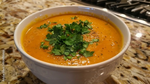 Savory Tomato Soup Garnished with Fresh Parsley in a White Bowl. Ginger Carrot Soup