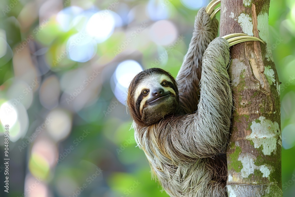 Obraz premium Smiling sloth hanging on tree in lush green forest