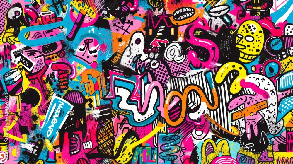 Fototapeta premium Vibrant Graffiti Artwork Featuring Abstract Faces and Patterns