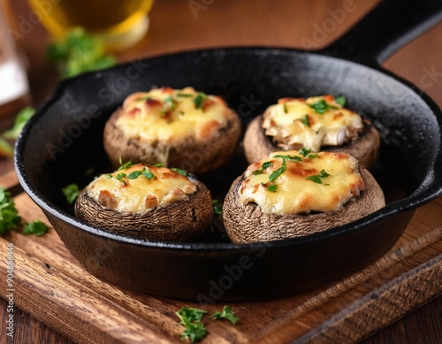 Mushrooms stuffed with melted sulguni cheese, baked and served in a rustic black skillet photo