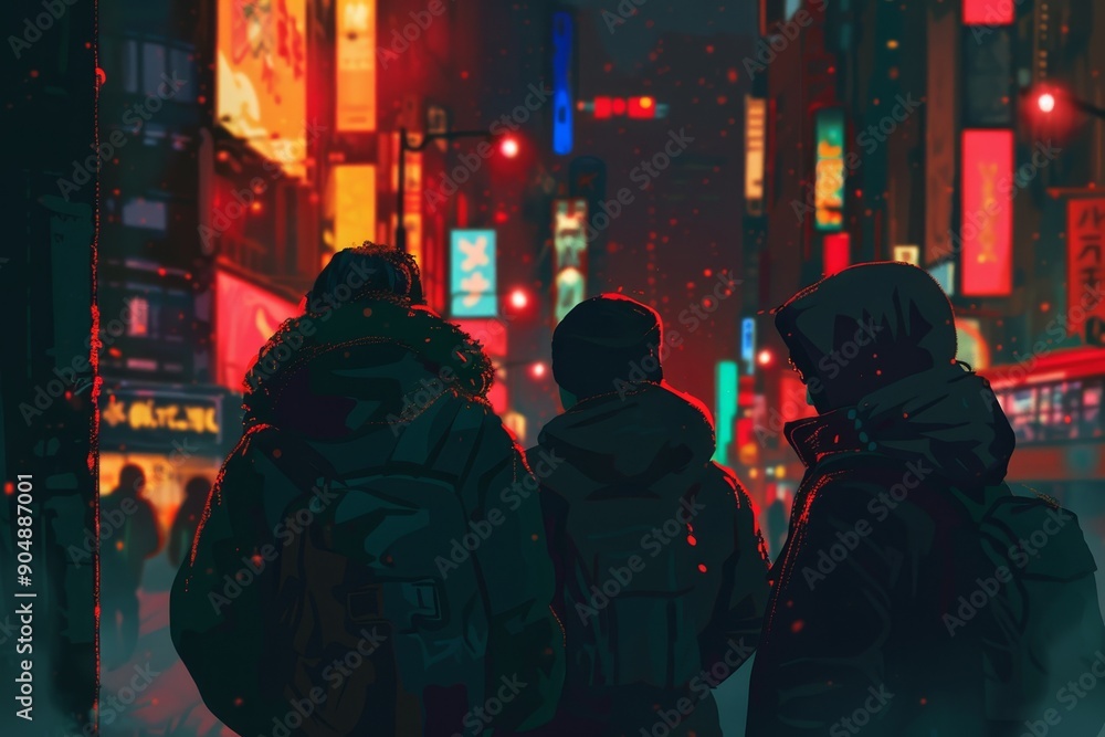 Friends exploring a busy city street at night, illuminated by streetlights, with buildings in background, Friends exploring a busy cityscape at night Friends exploring a busy city street at night, illuminated by streetlights, with buildings in background, Friends exploring a busy cityscape at night