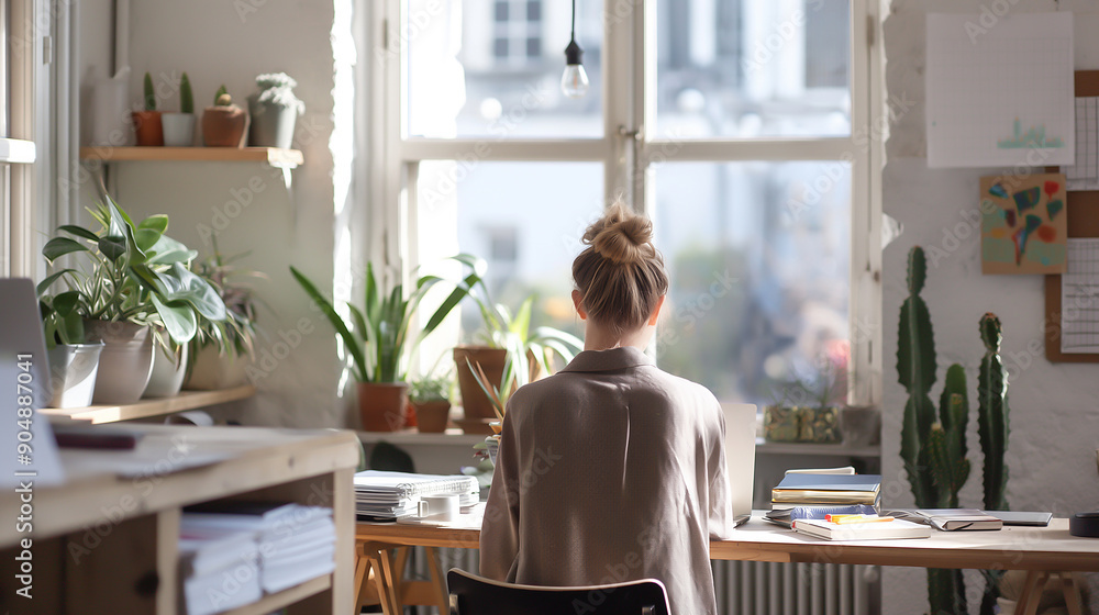 a young entrepreneur working in a stylish, clean office space, soft natural light a young entrepreneur working in a stylish, clean office space, soft natural light