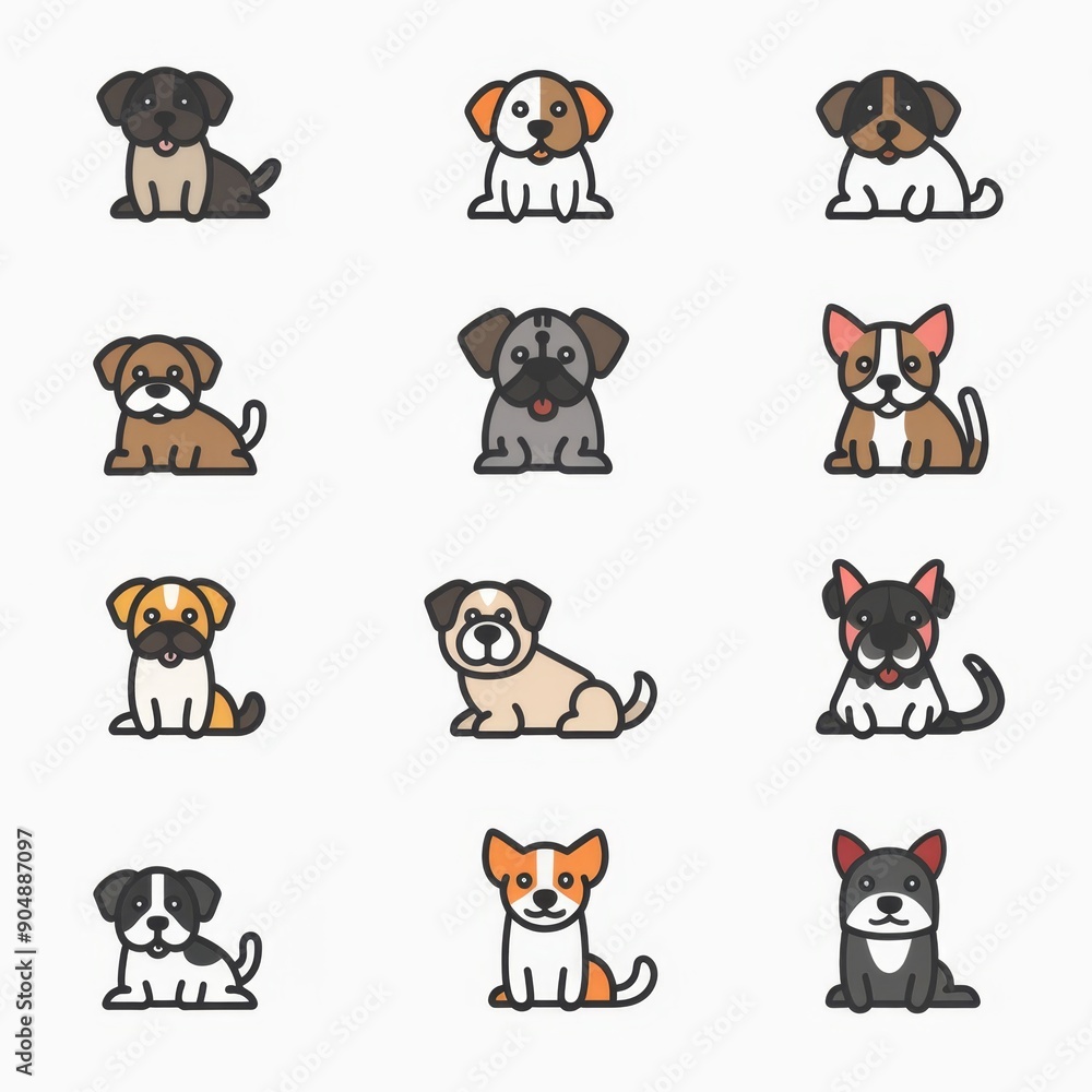 Fototapeta premium Cute dog icon set, pet animal flat symbols, puppy icons silhouettes, funny dog character pictogram