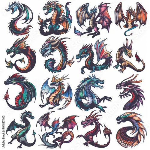 Funny dragons doodle set, cartoon dino, graphic dinosaurs isolated, monster animals