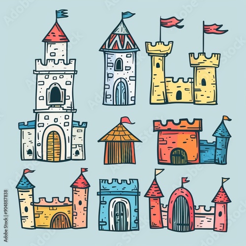 Castle icon, fairy tale forts, old towers, medieval castles, kingdom symbol, king home, fairytale fortress