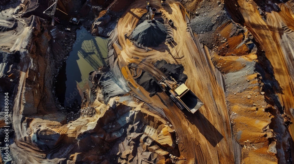 Fototapeta premium Aerial View of Excavator in Quarry at Work