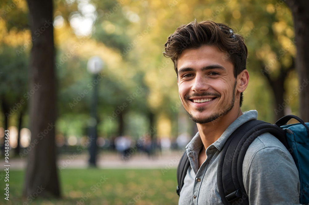 Handsome 24 year old Italian man with backpack smiling in park Handsome 24 year old Italian man with backpack smiling in park