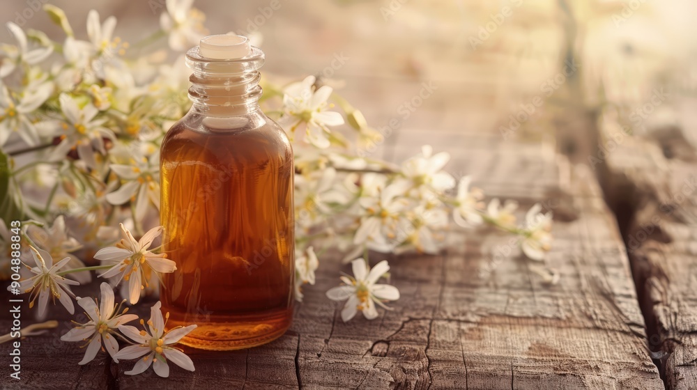 Essential Oil Bottle with White Flowers on Rustic Wooden Surface Essential Oil Bottle with White Flowers on Rustic Wooden Surface