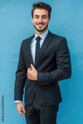 Confident Executive in Suit Ready for Meeting with Isolated Blue Background