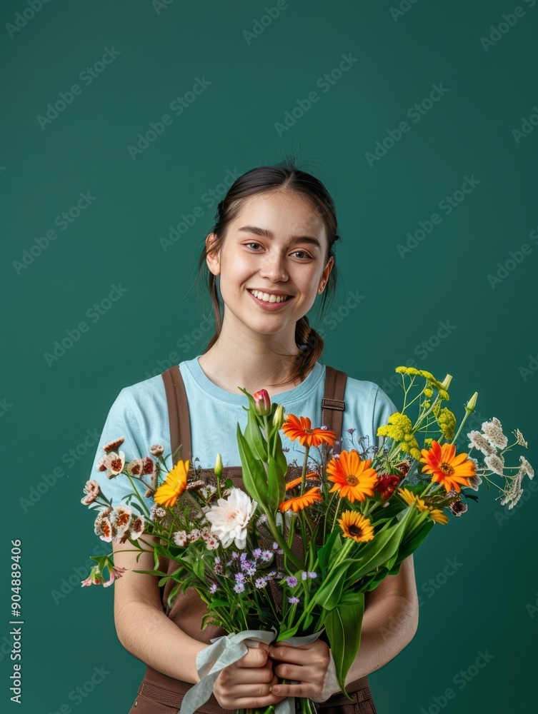 Radiant Florist Delighting in Bouquet Creation with Green Background - Copy Space for Design Elements Radiant Florist Delighting in Bouquet Creation with Green Background - Copy Space for Design Elements