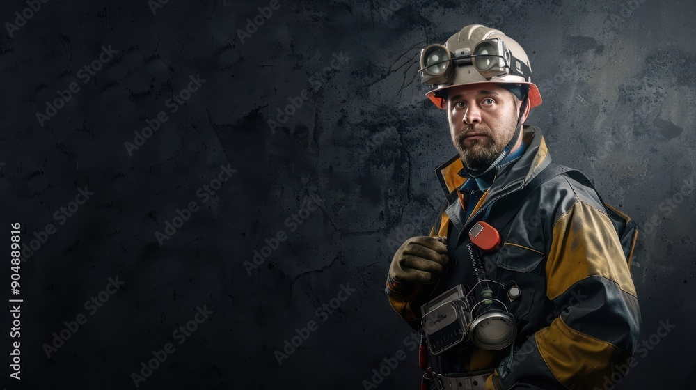 Determined Miner in Protective Gear Ready to Work in Isolated Setting with Copyspace Above for Text or Design Elements Determined Miner in Protective Gear Ready to Work in Isolated Setting with Copyspace Above for Text or Design Elements