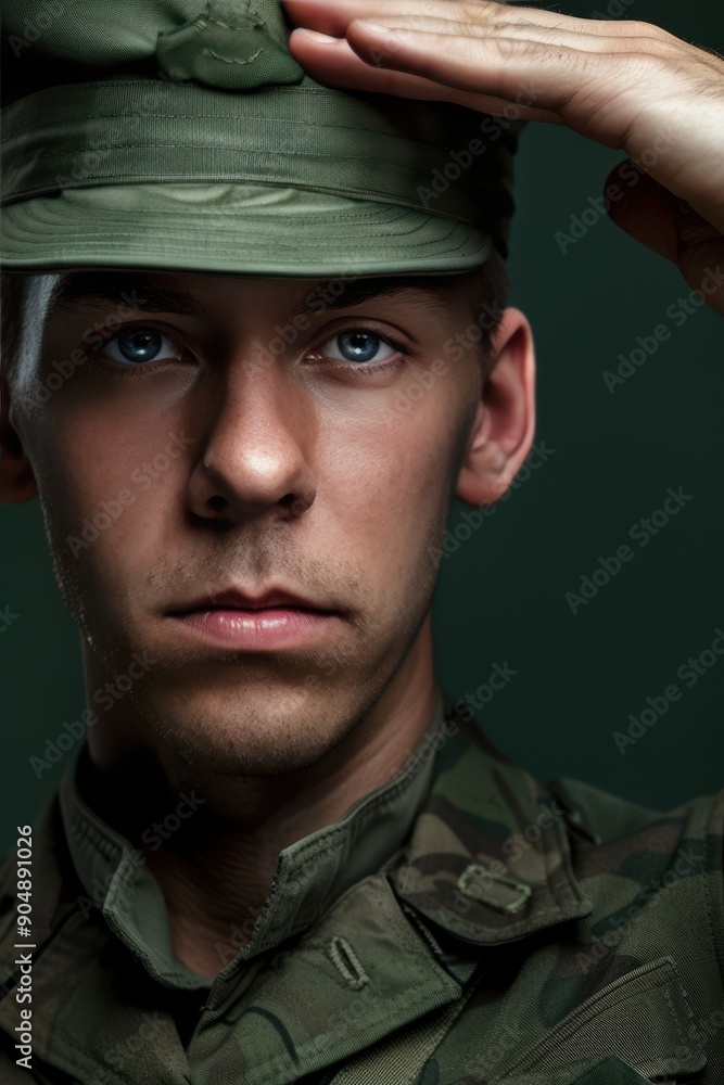 Determined Soldier in Uniform Saluting Against Dark Green Background for Duty with Copy Space Above Determined Soldier in Uniform Saluting Against Dark Green Background for Duty with Copy Space Above