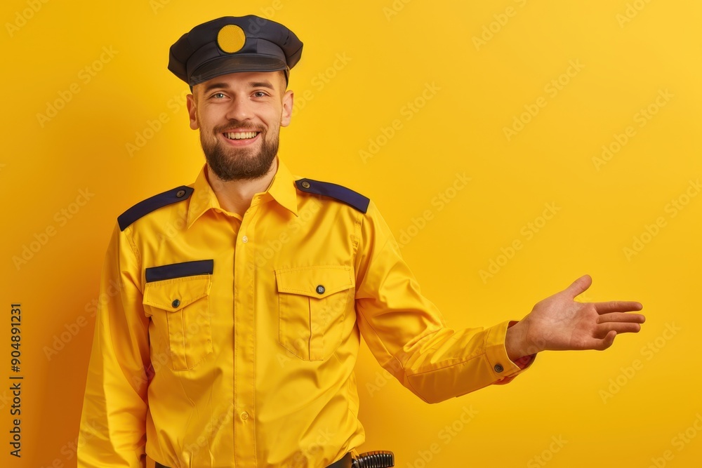 Friendly Taxi Driver in Uniform Waiting with Calm Smile in Isolated Yellow Background. Friendly Taxi Driver in Uniform Waiting with Calm Smile in Isolated Yellow Background.
