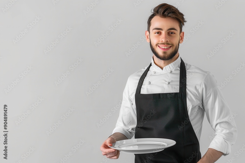 Professional Waiter in Uniform Displaying Calm and Polite Service, Isolated on Soft Grey Background with Copyspace for Text Professional Waiter in Uniform Displaying Calm and Polite Service, Isolated on Soft Grey Background with Copyspace for Text