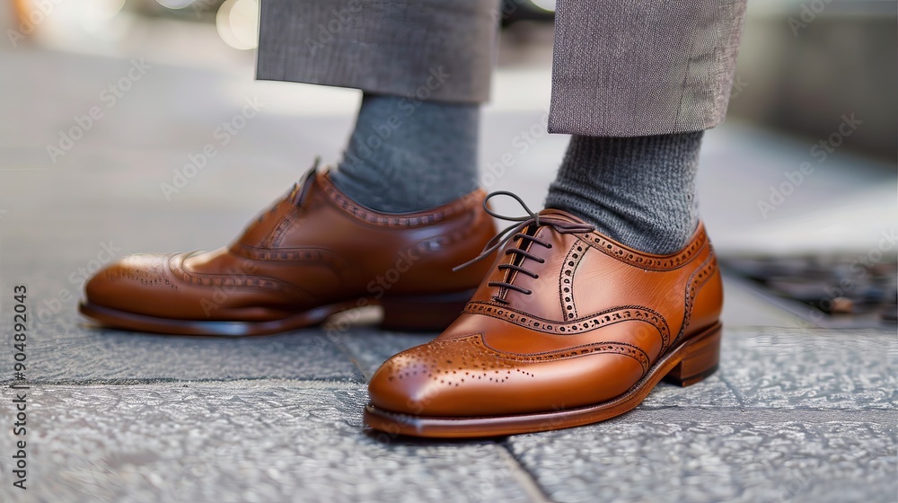 Stylish brown leather shoes and gray socks create a polished and elegant look. Stylish brown leather shoes and gray socks create a polished and elegant look.