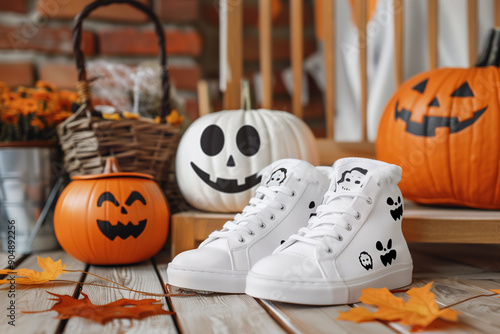 Halloween design of white sneakers with ghost and boo  photo