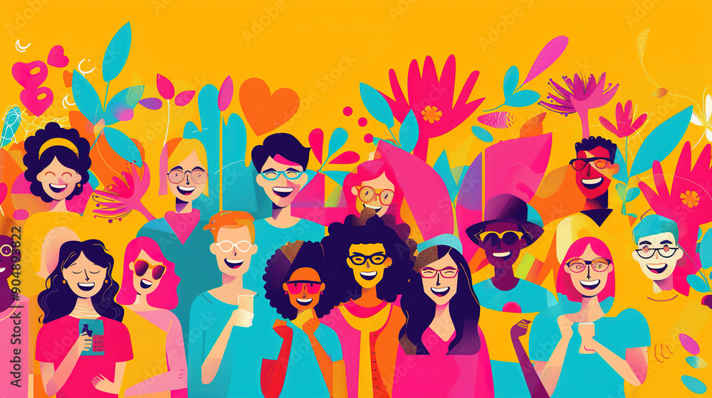 Create a vibrant copy space background for International Friendship Day, featuring cheerful colors, playful graphics of friends, and heartwarming symbols Create a vibrant copy space background for International Friendship Day, featuring cheerful colors, playful graphics of friends, and heartwarming symbols