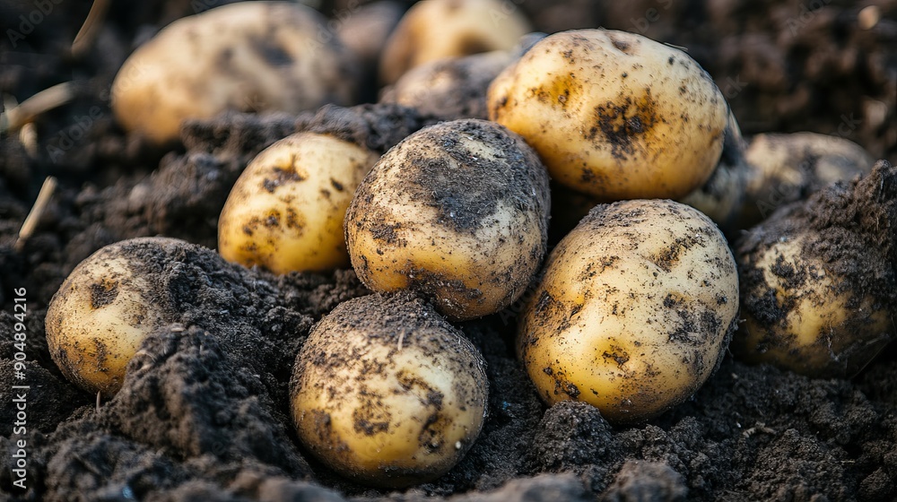 Potatoes lie in a pile, their skins covered in dirt. They were recently dug up and are ready to be used. Potatoes lie in a pile, their skins covered in dirt. They were recently dug up and are ready to be used.