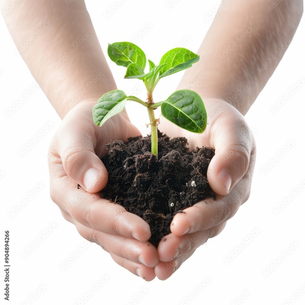 Plant in hands isolated, young sprout, new plant growing in soil, organic farming, environment care, earth day Plant in hands isolated, young sprout, new plant growing in soil, organic farming, environment care, earth day