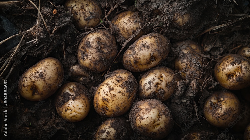 Potatoes lie in a pile, their skins covered in dirt. They were recently dug up and are ready to be used.