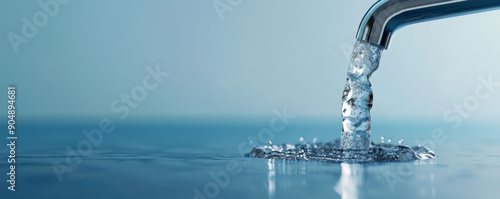 A close-up of water flowing from a faucet into a serene blue surface, illustrating purity, freshness, and hydration.