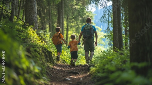 Family exploring a mountain forest