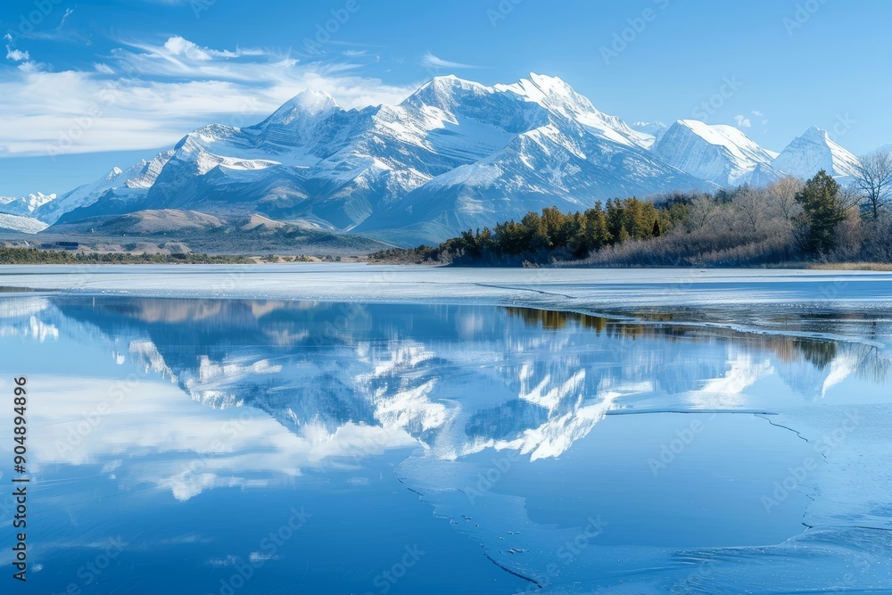 Fototapeta premium Snow-capped Grand Teton mountain range reflecting in a frozen lake, Frozen lake reflecting the snow-capped mountains in the distance