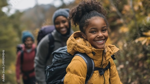 Family hiking together with big smiles