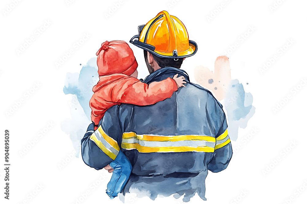 Fototapeta premium Firefighter Holding Child in Watercolor Dad and son