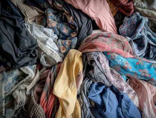 Significance of a pile of old clothing in context of fast fashion and textile recycling