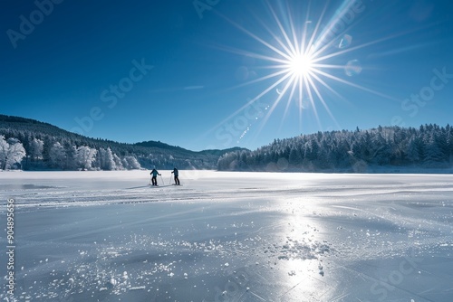 Two individuals energetically ice skate on a frozen lake under the winter sun, Frozen lakes reflecting the bright winter sun as skiers glide across them