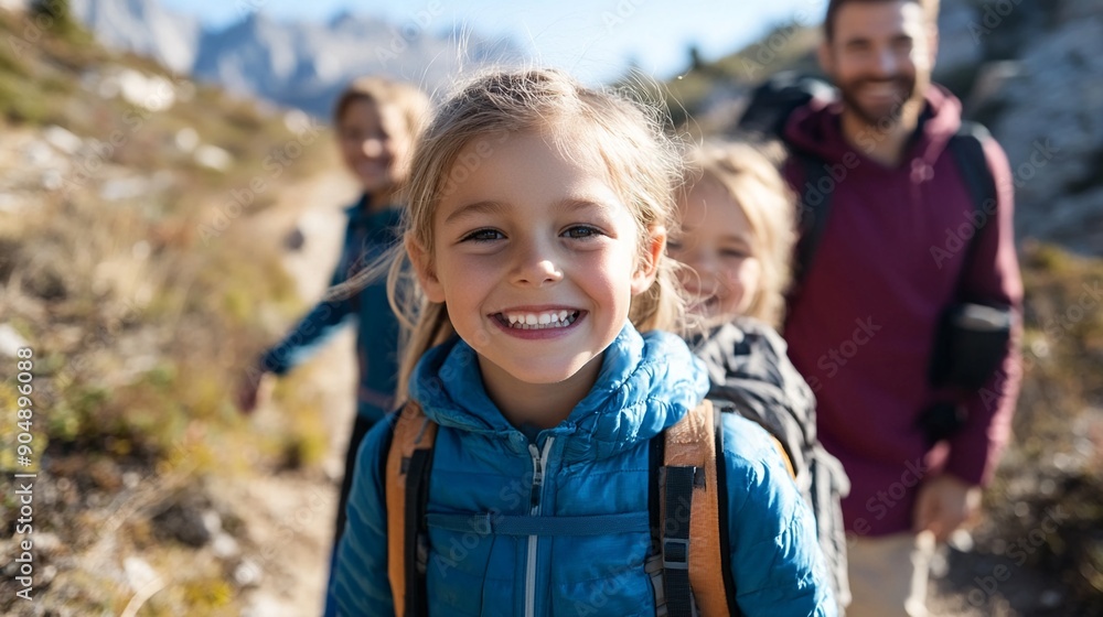Family smiling on a mountain trail Family smiling on a mountain trail