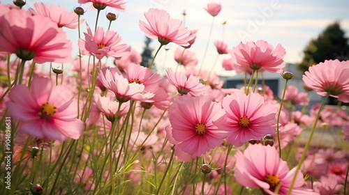 Beautiful pink cosmos flowers blooming in garden under sunlight. Floral background, springtime concept.