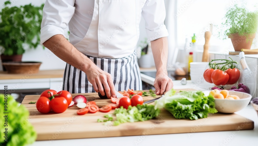 Chef preparing a healthy vegetarian meal, chopping fresh vegetables on a wooden cutting board in a bright kitchen. Chef preparing a healthy vegetarian meal, chopping fresh vegetables on a wooden cutting board in a bright kitchen.