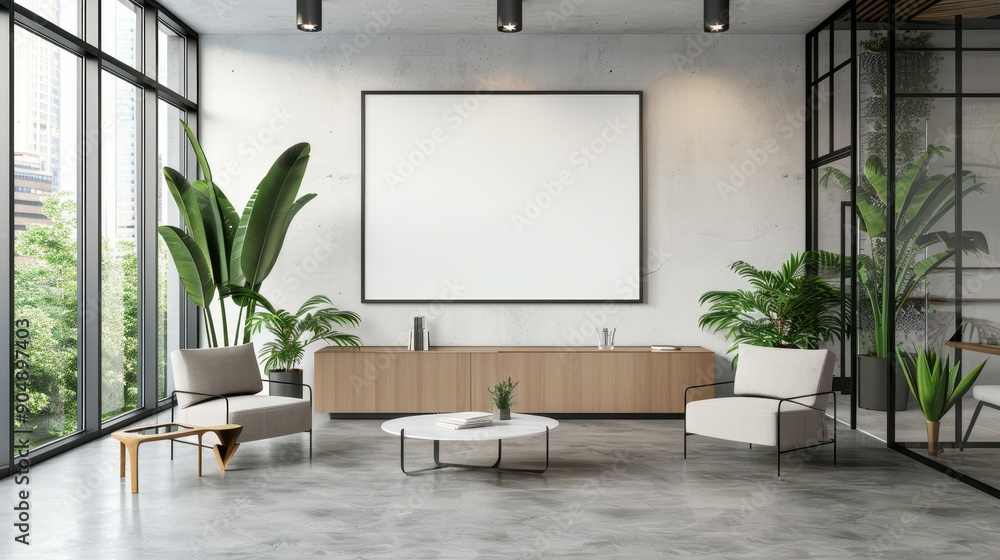 Modern Minimalist Office Lounge with Large Blank Canvas and Indoor Plants Modern Minimalist Office Lounge with Large Blank Canvas and Indoor Plants