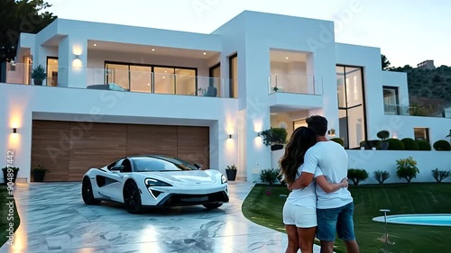 Man and Woman Hugging in Front of Luxury House with Expensive Shiny White Sports Car on Driveway - Wealthy Couple and Their Villa