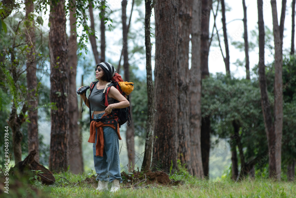 Asian female backpacker with binocular watch nature scenery and birds, looking at something in pine forest, journey with backpack concept Asian female backpacker with binocular watch nature scenery and birds, looking at something in pine forest, journey with backpack concept