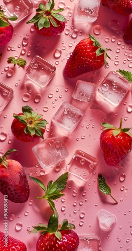Strawberries and ice cubes floating in pink water with leaves alongside it, professional product photography in a advertisement setting