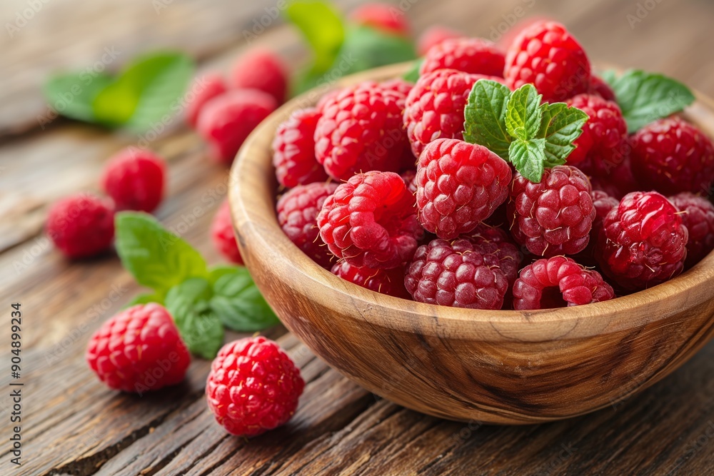 Fresh Raspberries in Wooden Bowl on Rustic Wooden Table with Green Leaves Fresh Raspberries in Wooden Bowl on Rustic Wooden Table with Green Leaves