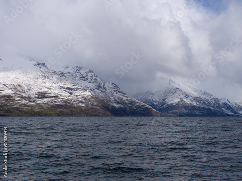 Snow Covered Mountains And Lake Wakatipu Queenstown New Zealand